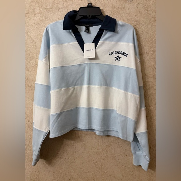 FOREVER 21 CALIFORNIA STRIPED GRAPHIC LONG-SLEEVE POLO TOP - Picture 3 of 6